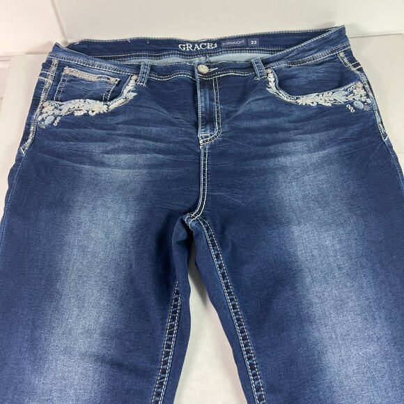 Grace In LA Jeans Women Plus 42x31* P Straight High Rise Blue Faded Denim Tag 22 - Picture 2 of 16